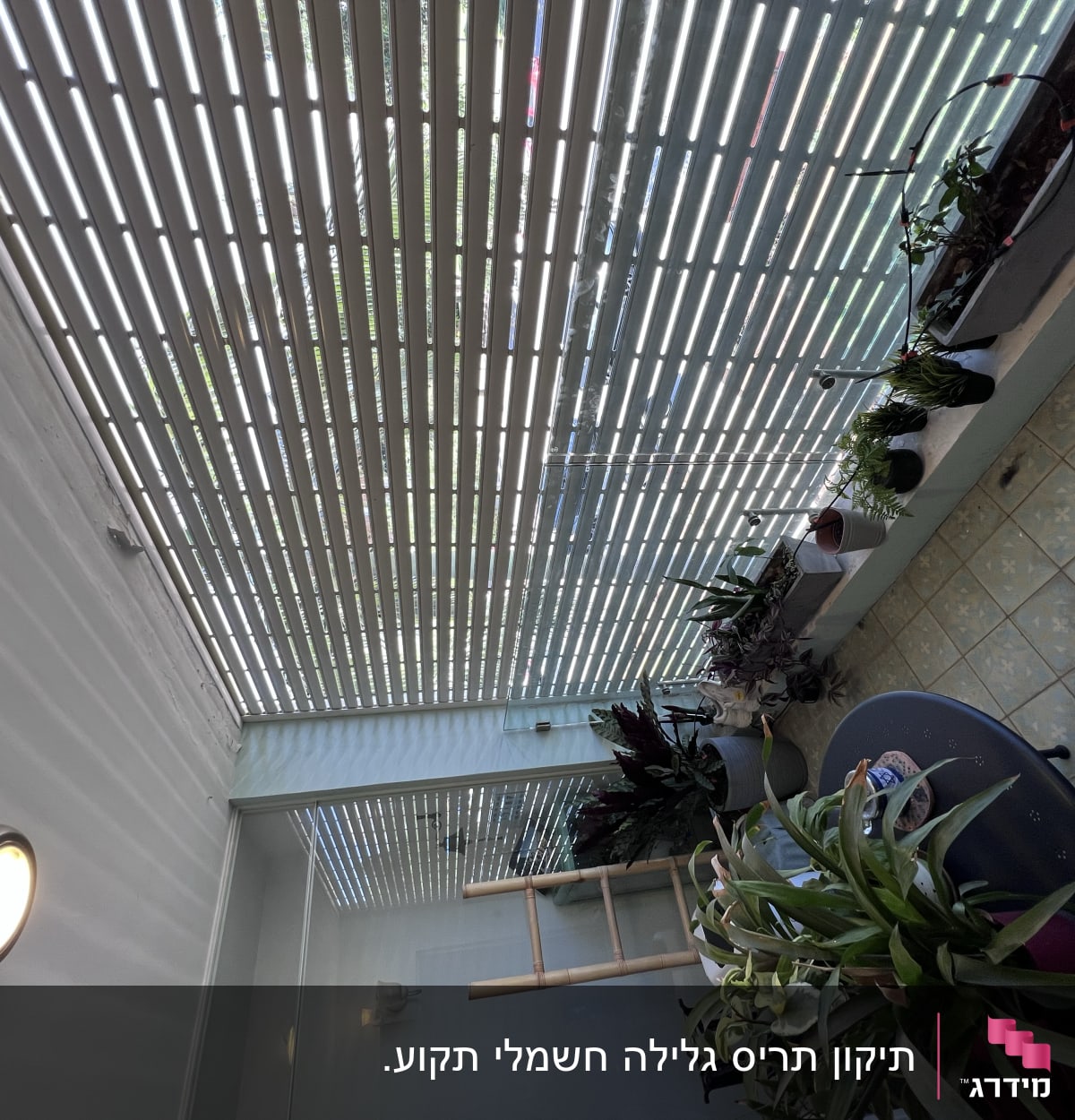 תריסים אופקיים לבנים על חלון גדול